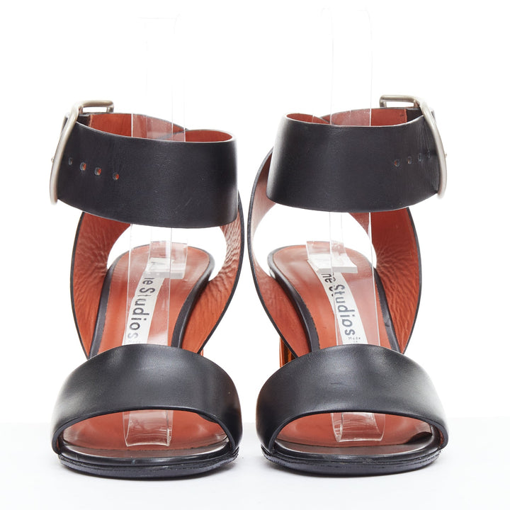 ACNE STUDIOS Obin metallic orange bark heel black leather sandals EU37