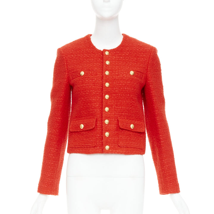 CELINE Chasseur red wool linen tweed gold buttons cropped jacket FR34 XS