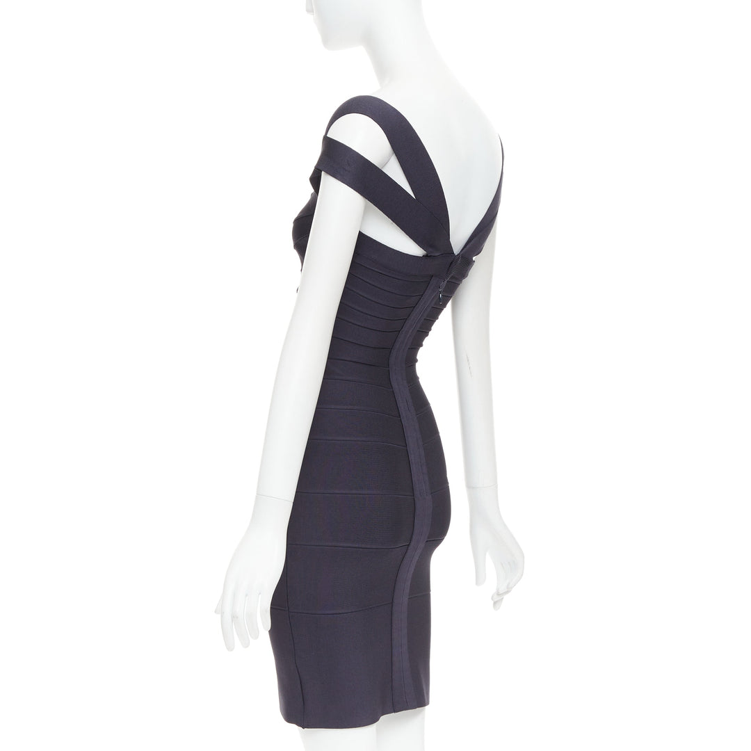 HERVE LEGER dark blue square neck bodycon bandage dress XXS