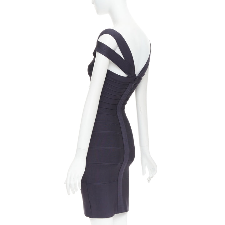 HERVE LEGER dark blue square neck bodycon bandage dress XXS