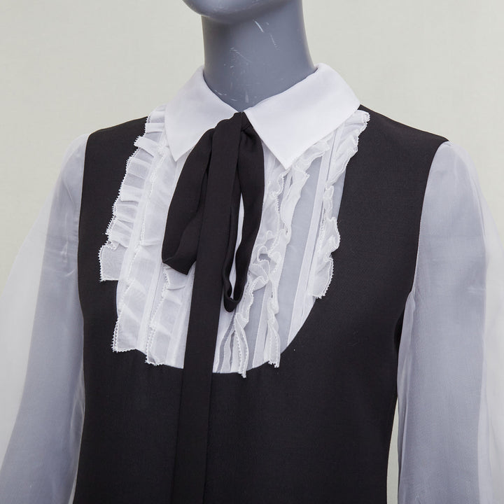 VALENTINO 2022 Crepe Couture black white wool silk ruffle bib neck dress IT38 XS