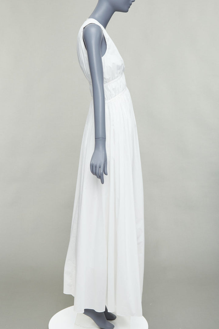 BRUNELLO CUCINELLI white cotton ruched sleeveless plunge maxi dress XS