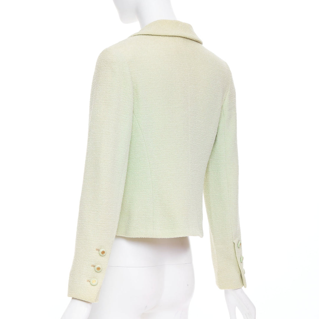 CHANEL 94P Vintage mint green boucle wool chain buttons cropped jacket FR42 XL