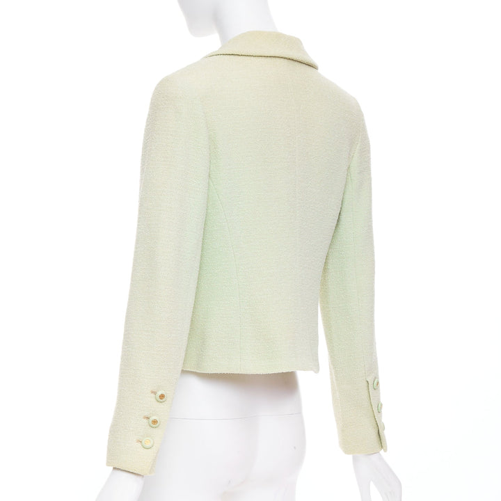 CHANEL 94P Vintage mint green boucle wool chain buttons cropped jacket FR42 XL