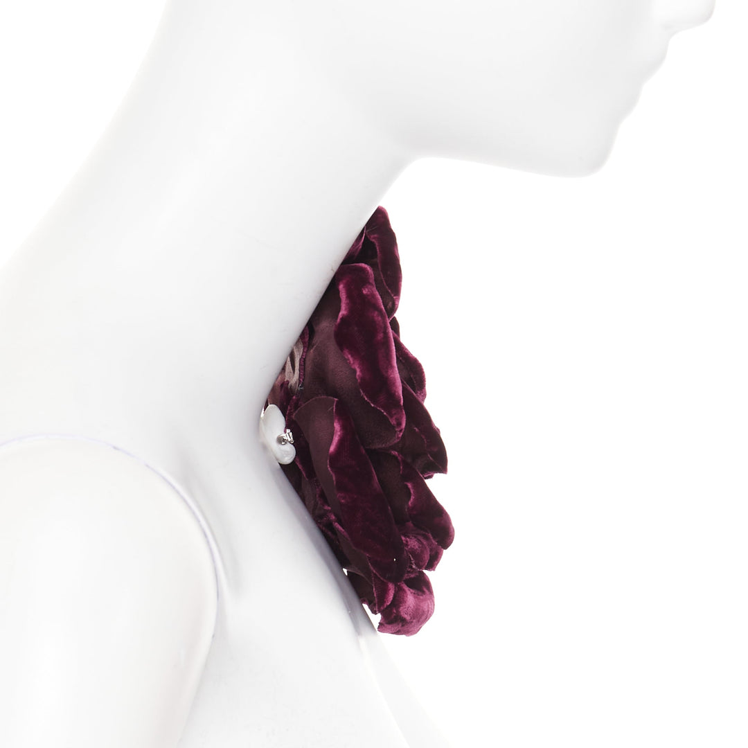 rare SAINT LAURENT 2022 Extra Large Wild Rose flower bordeaux velvet pin brooch