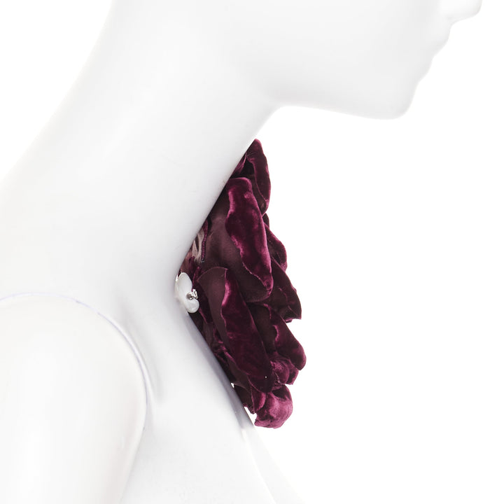 rare SAINT LAURENT 2022 Extra Large Wild Rose flower bordeaux velvet pin brooch