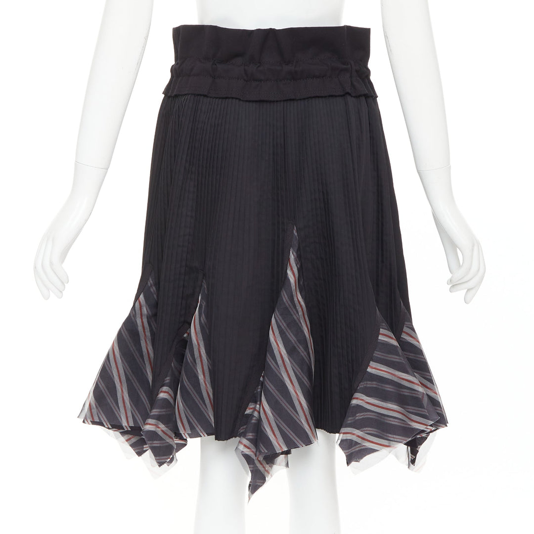 SACAI 2017 black plisse cowhide trim striped flare wrap knee skirt JP1 S