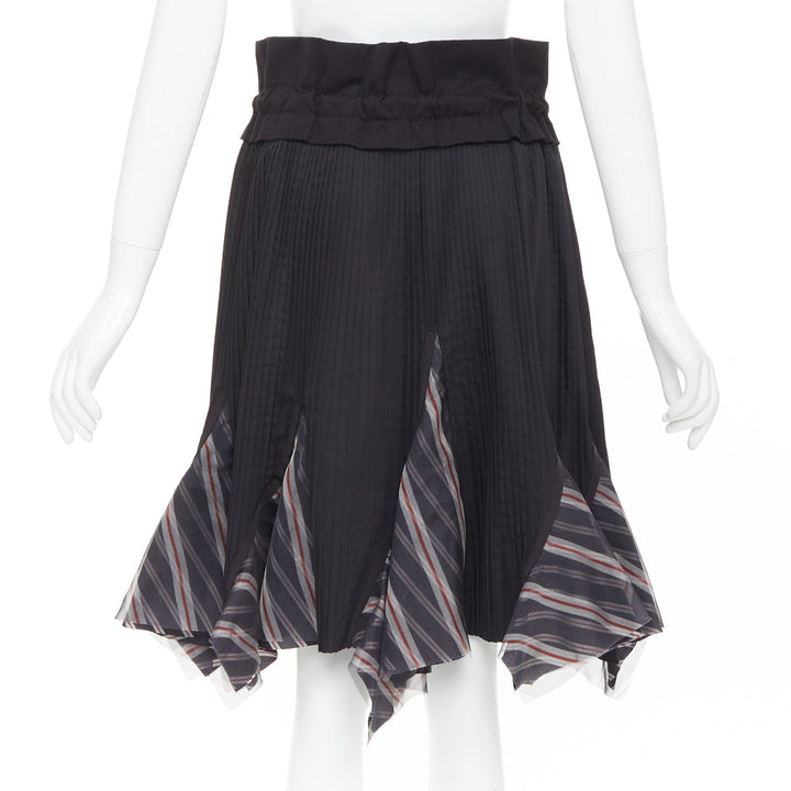 SACAI 2017 black plisse cowhide trim striped flare wrap knee skirt JP1 S