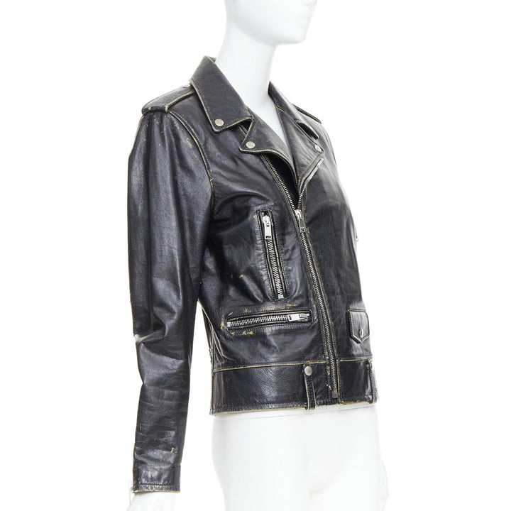 SAINT LAURENT 2015 black calfskin distressed classic biker jacket FR46 S