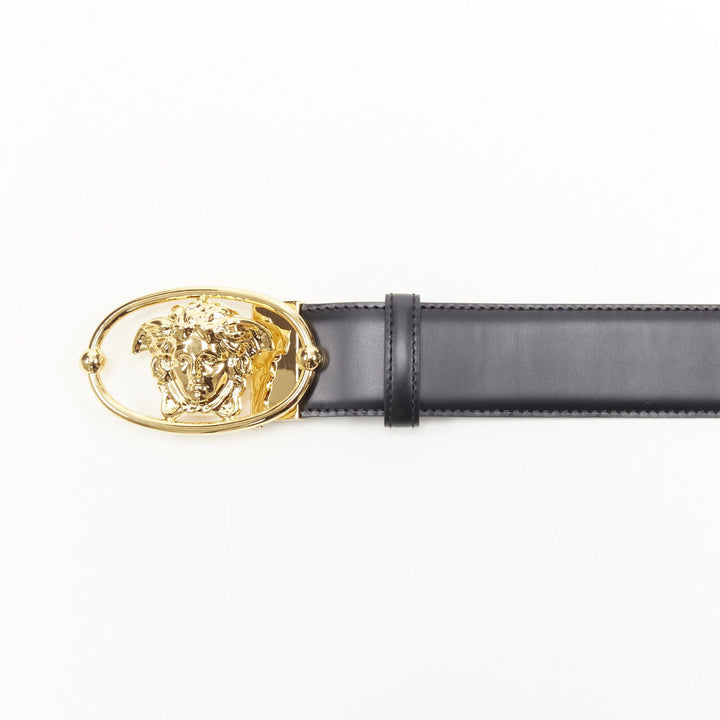 VERSACE La Medusa Insignia gold oval buckle black leather belt 100cm 38-42"