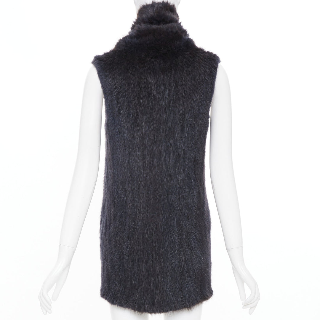 SYMETRIE PARIS black navy genuine fur satin snap buttons collared long gilet M