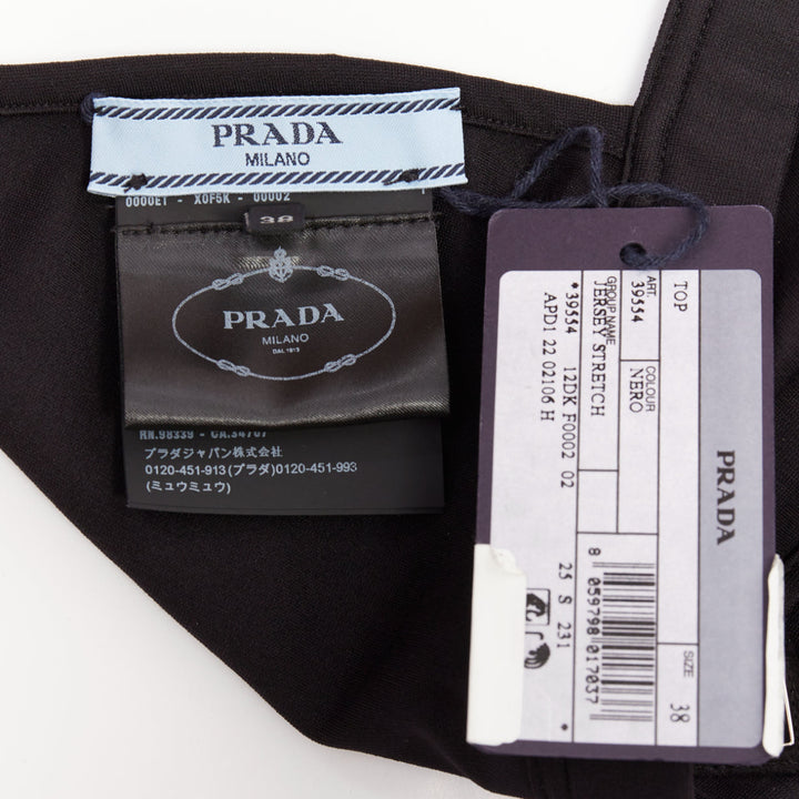 PRADA 2022 black jersey triangle logo plate plunging bralette top IT38 XS
