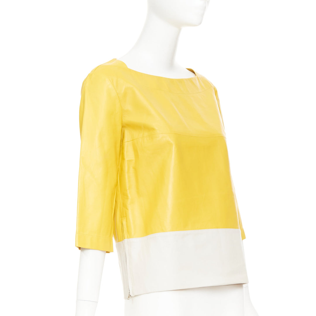 MARNI 2014 yellow off-white lambskin leather colorblock boat neck top IT38 XS