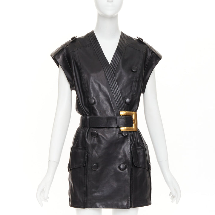 BALMAIN black lambskin leather XL gold buckle belted dress FR34 XXS