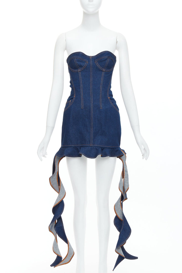 DAVID KOMA Corset Denim blue cotton cascade sides mini dress UK6 XS