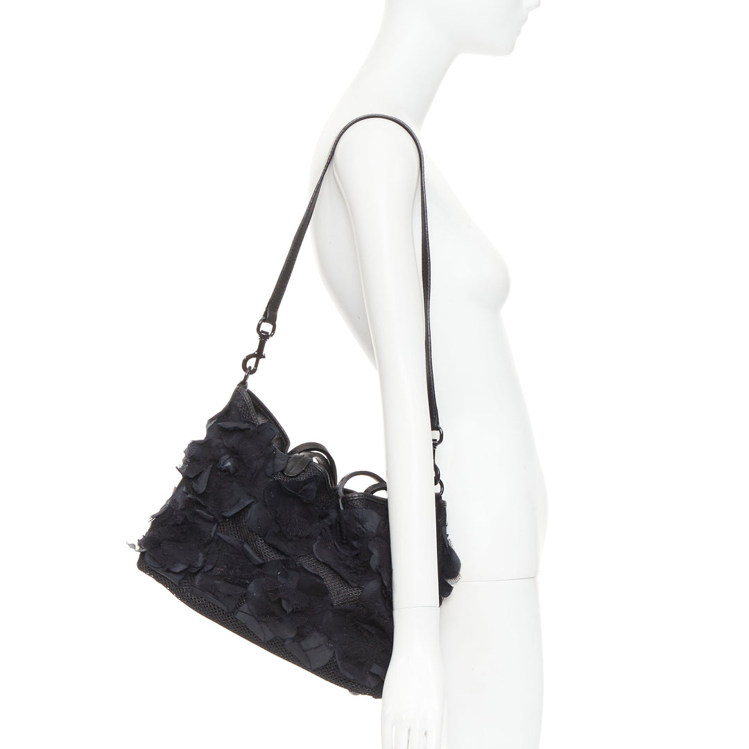 VALENTINO black fabric mesh floral lace applique leather trim crossbody tote bag