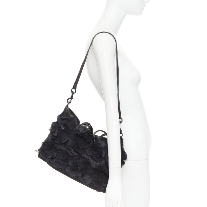 VALENTINO black fabric mesh floral lace applique leather trim crossbody tote bag