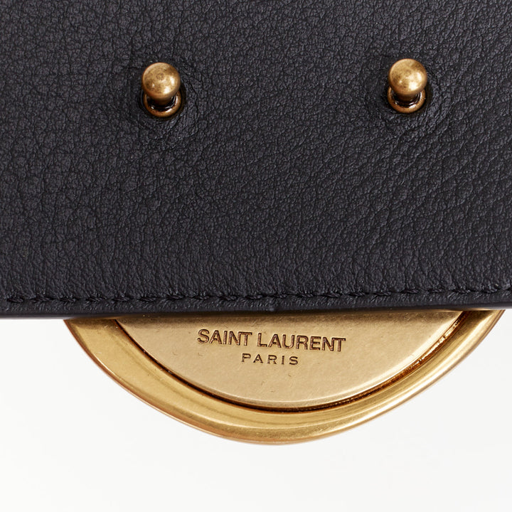 SAINT LAURENT 2021 Cabochon Wide Belt gold oval buckle  black leather belt 65cm