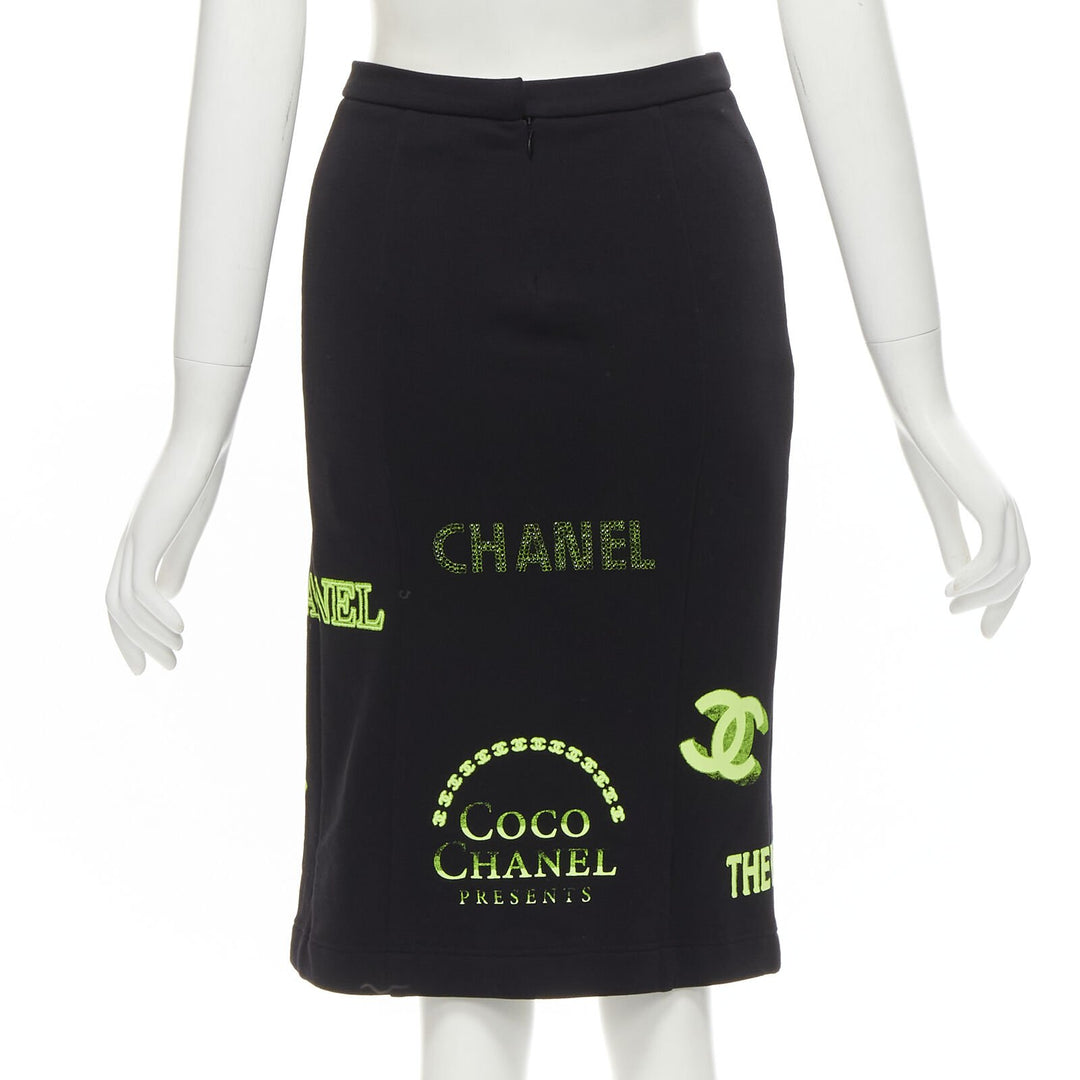 rare CHANEL 2021 Runway black neon graphic logo slit cotton fleece skirt FR34 XS