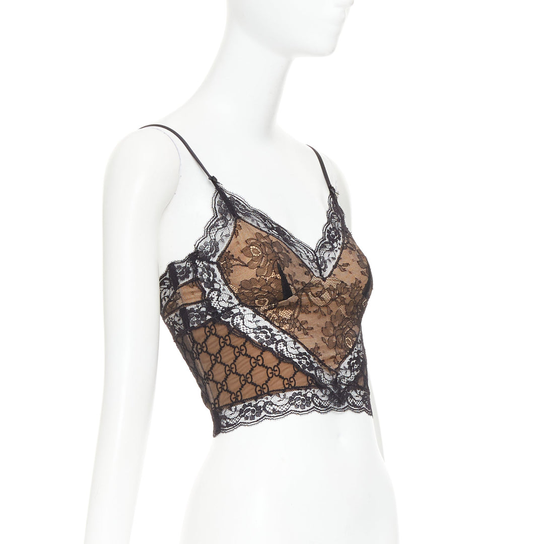 GUCCI 2023 Runway GG monogram stretch lace cropped cami top XS