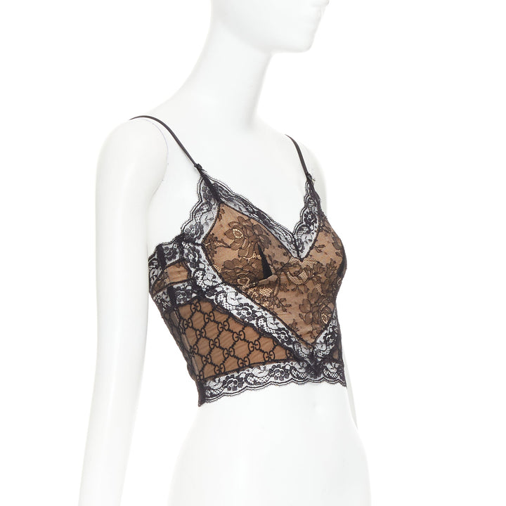 GUCCI 2023 Runway GG monogram stretch lace cropped cami top XS