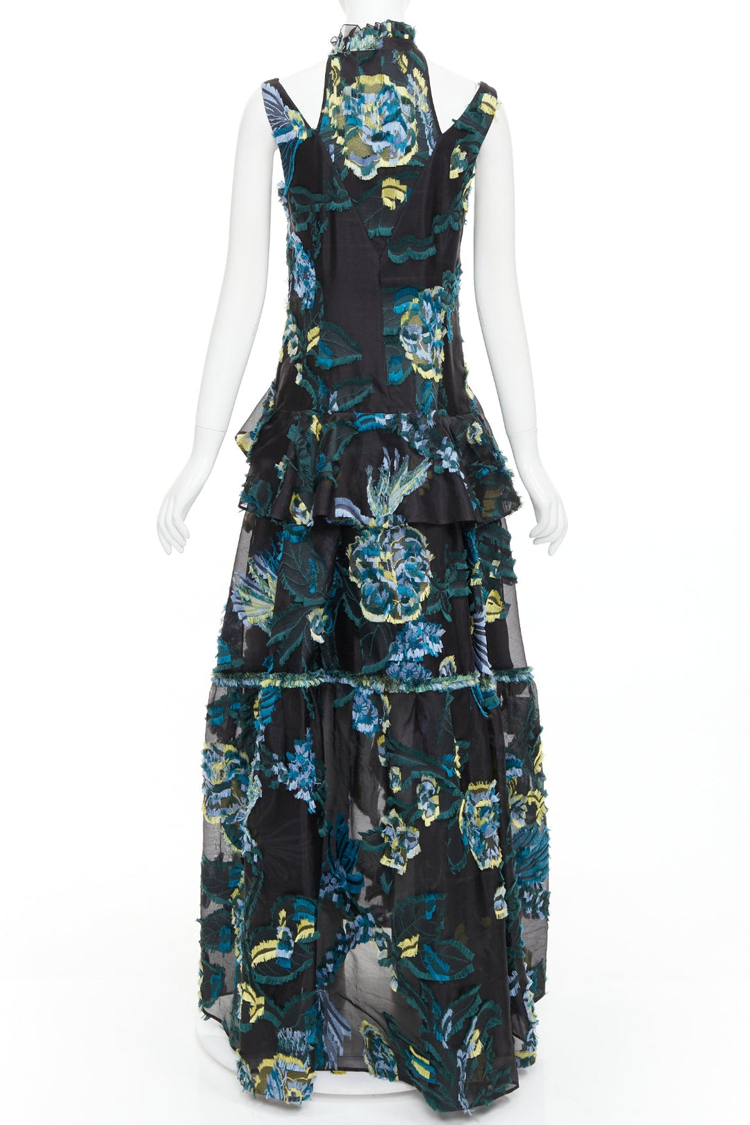 ERDEM 2015 Runway black green blue sheer jacquard cold shoulder gown