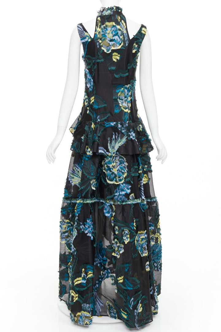 ERDEM 2015 Runway black green blue sheer jacquard cold shoulder gown