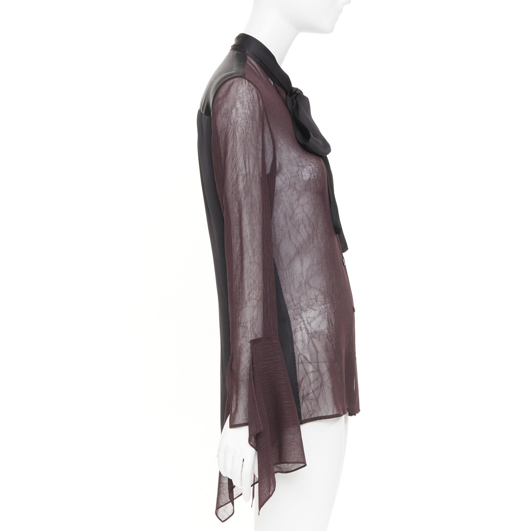 LOEWE asymmetric mixed media black sheer burgundy pussy bow blouse IT36