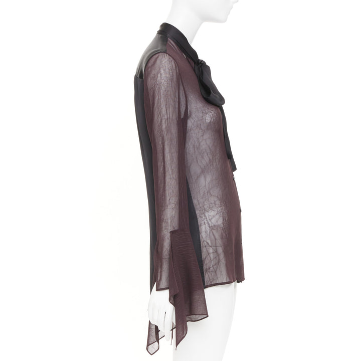 LOEWE asymmetric mixed media black sheer burgundy pussy bow blouse IT36