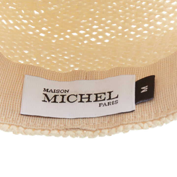 MAISON MICHEL Abbey Sailor light beige raffia MM logo black ribbon cap M