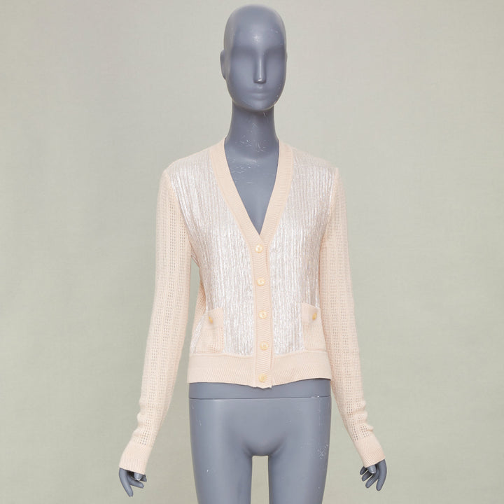NINA RICCI silver metallic foil panel beige cashmere silk cardigan sweater IT40