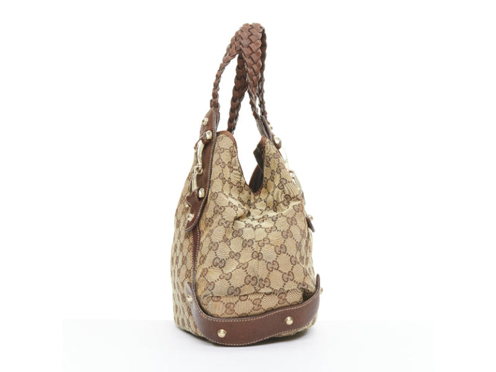 GUCCI Pelham Vintage beige GG monogram canvas brown braided handle boho bag