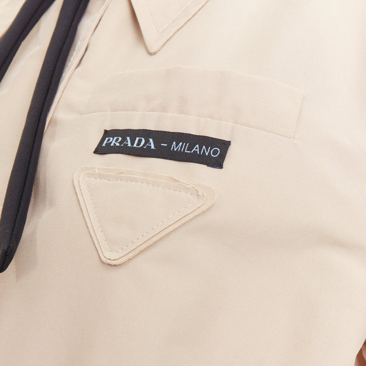 PRADA 2019 beige cotton black bow tie logo tape belted trench coat IT42 M