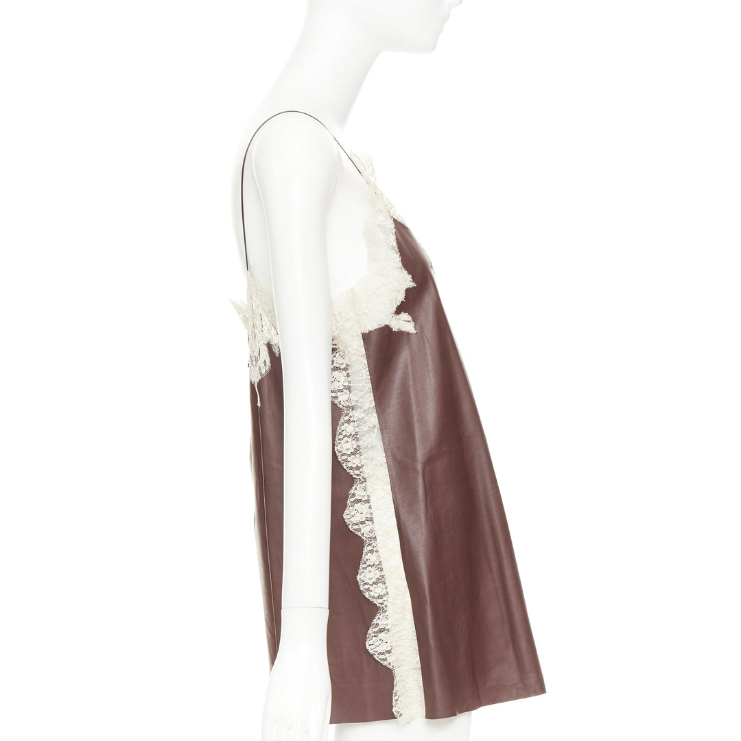 DIOR 2016 Raf Simons brown lambskin leather lace trim micro slip dress FR36 S