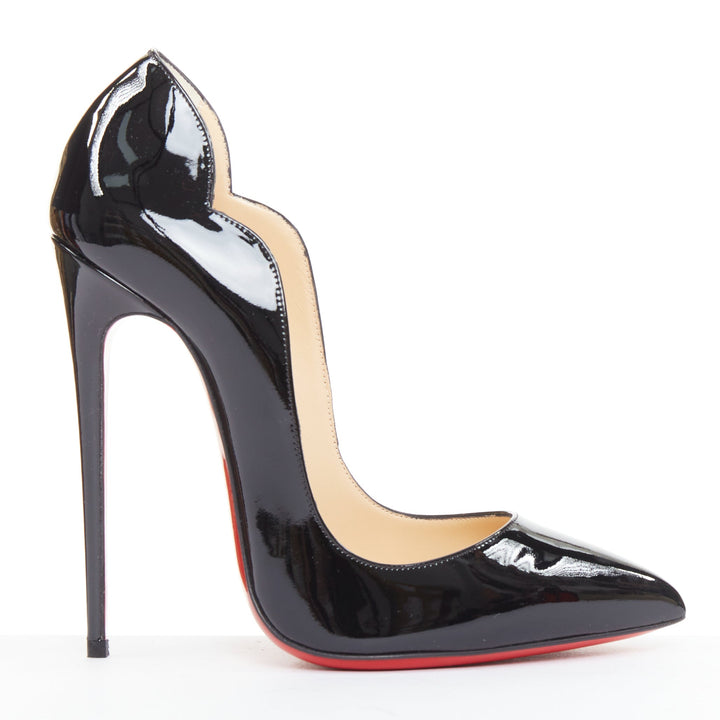 CHRISTIAN LOUBOUTIN Hot Chick 130 black patent scalloped topline pumps EU37.5