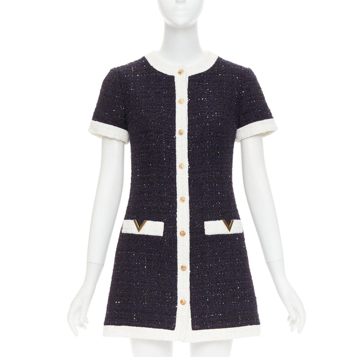 VALENTINO 2023 Retro Mini cream navy boucle tweed V logo mini dress IT38 XS