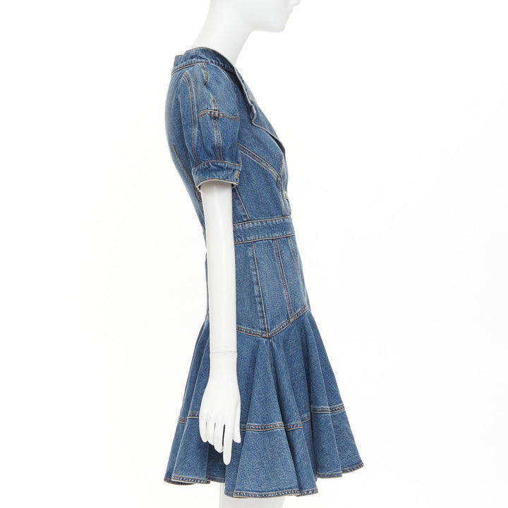 ALEXANDER MCQUEEN 2021 Runway blue denim open boat neck puff sleeve dress IT40 S