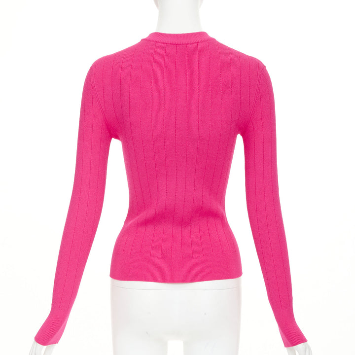BALMAIN 2022 hot fuschia pink viscose gold buttons ribbed crew sweater FR36 S