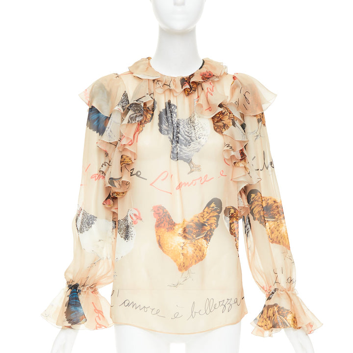 DOLCE GABBANA 100% silk beige chiken hen print sheer ruffled blouse IT38 XS