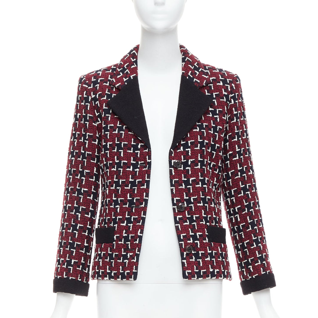 CHANEL 15A Runway Brassiere burgundy black geometric CC tweed jacket FR36 S