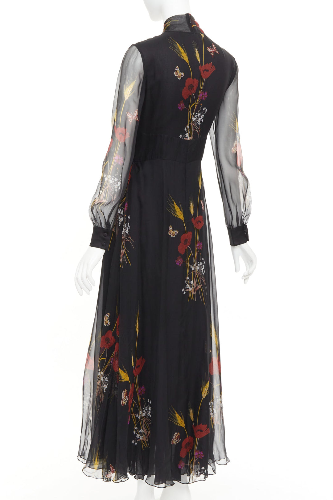 VALENTINO 2019 100% silk black Poppy Meadow chiffon tie neck midi dress IT40 S