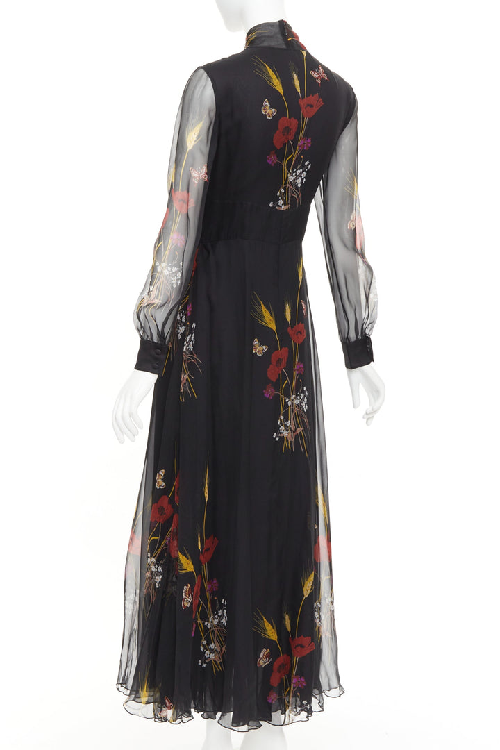 VALENTINO 2019 100% silk black Poppy Meadow chiffon tie neck midi dress IT40 S