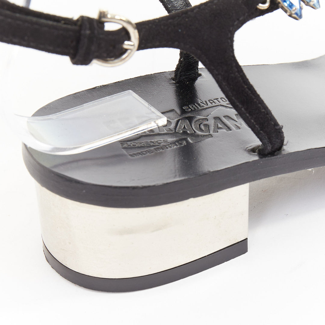 SALVATORE FERRAGAMO blue crystal black suede low block heel tstrap sandals UK6.5