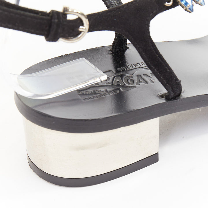 SALVATORE FERRAGAMO blue crystal black suede low block heel tstrap sandals UK6.5