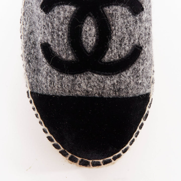 CHANEL grey tweed velvet CC logo toe cap espadrille shoes EU38