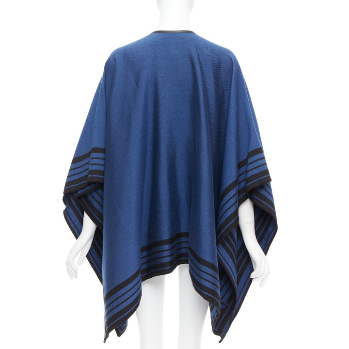 LOUIS VUITTON blue cashmere blend black leather tassel LV logo poncho