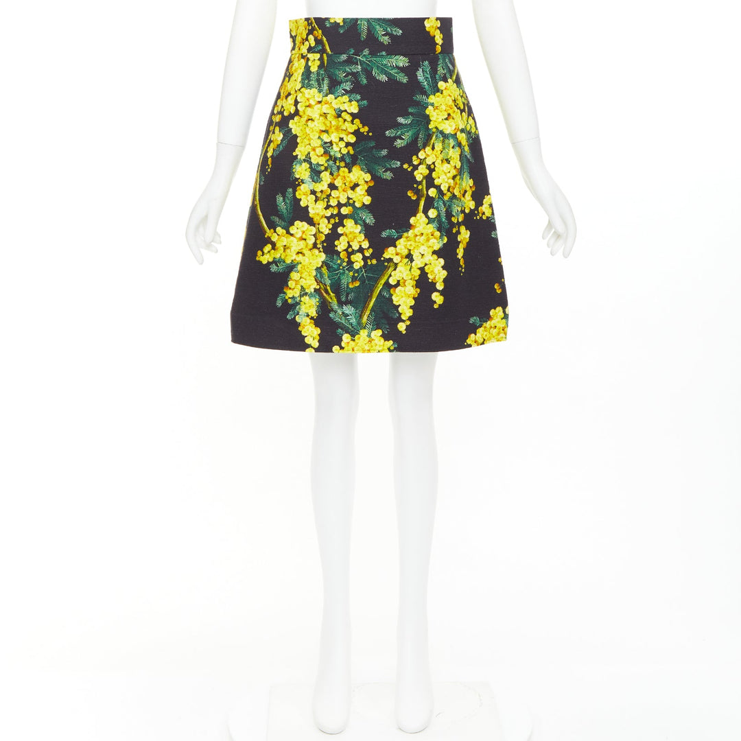 DOLCE GABBANA yellow black cotton floral print textured A-line skirt IT40 S