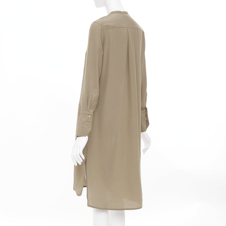 HERMES khaki tan covered button silk band collar long sleeve shift dress FR34