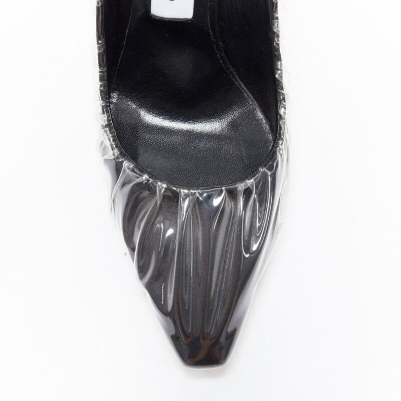 OFF-WHITE JIMMY CHOO black satin point transparent ruche high heel shoes EU38