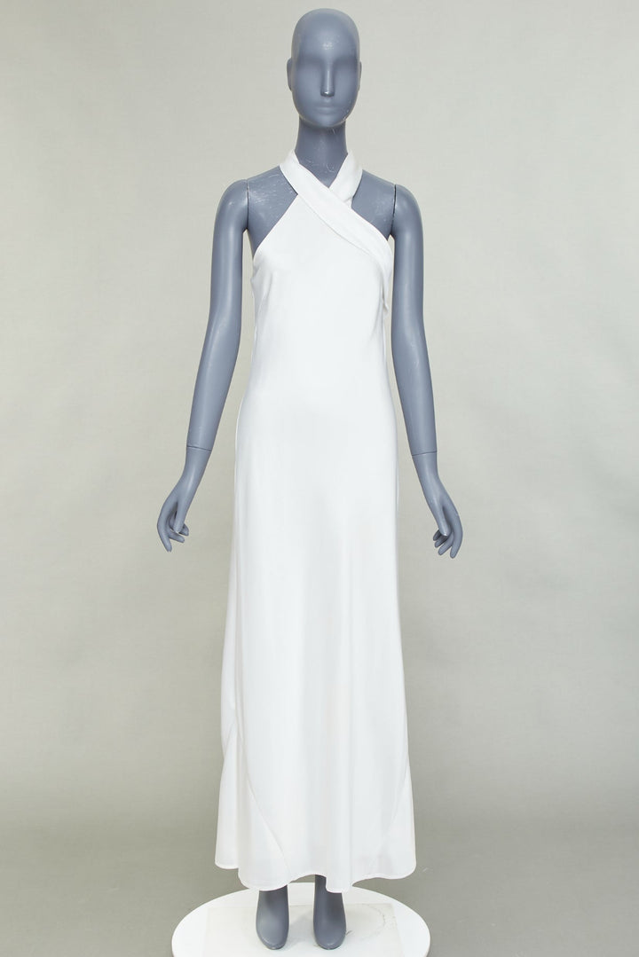 GALVAN Pandora Bridal ivory white satin halter neck drape sash midi dress FR38 S